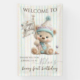 Pastel Teddybeer Verjaardag Spandoek