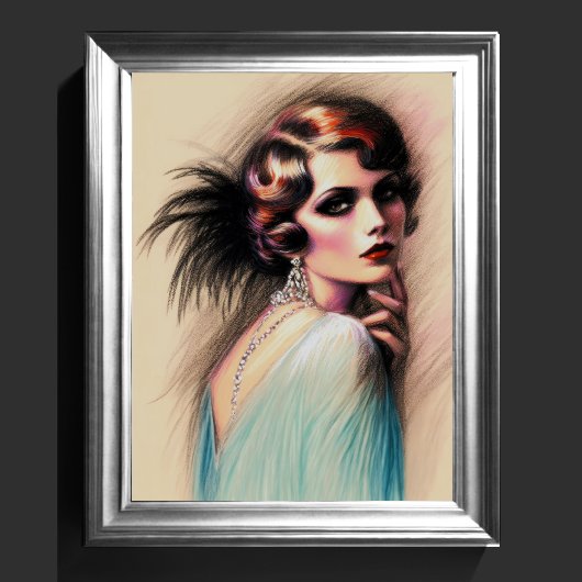 Pastel Tekening 1920 Flapper Meisje Blauw Poster