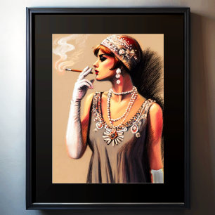Pastel Tekening 1920 Flapper Meisje Roken Poster