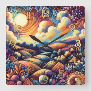 Pastel Tekening Abstract Landschap Vierkante Klok