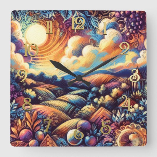 Pastel Tekening Abstract Landschap Vierkante Klok (Voorkant)