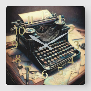 Pastel Tekening Antiek Typewriter Desk Vierkante Klok