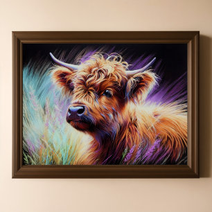 Pastel Tekening Baby Highland Koe Lavendel Poster
