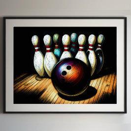 Pastel Tekening Bowling Strike Poster