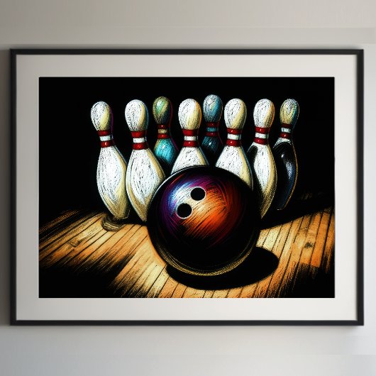 Pastel Tekening Bowling Strike Poster