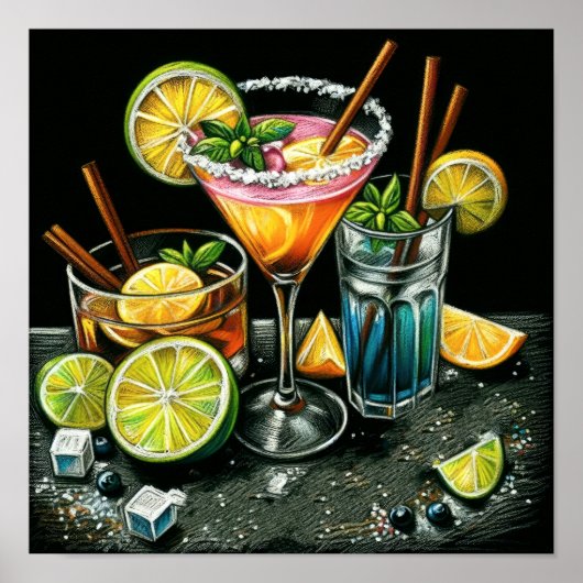 Pastel Tekening Cocktails Citrus Wiggen Poster (Voorkant)
