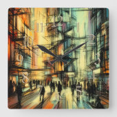 Pastel Tekening Futuristische Comic Style City Vierkante Klok (Voorkant)