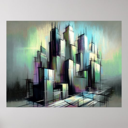 Pastel Tekening Futuristische Stad Abstract Poster (Voorkant)