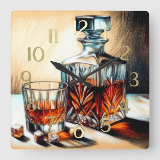 Pastel Tekening Glas van Liquor Crystal Decanter Vierkante Klok (Voorkant)