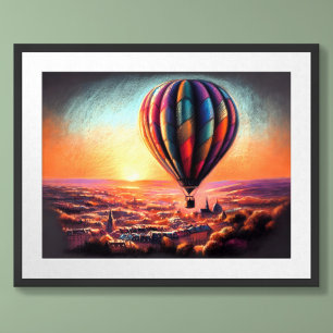 Pastel Tekening Hete Luchtballon Over Europese Sta Poster