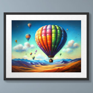 Pastel Tekening Hete Luchtballonnen Over Landschap Poster