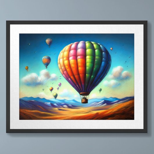 Pastel Tekening Hete Luchtballonnen Over Landschap Poster