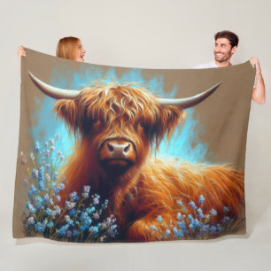 Pastel tekening Highland koe Blauwe bloemen Fleece Deken