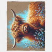 Pastel tekening Highland koe Blauwe bloemen Fleece Deken (Voorkant)