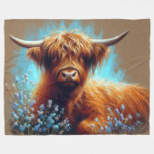 Pastel tekening Highland koe Blauwe bloemen Fleece Deken (Voorkant (Horizontaal))