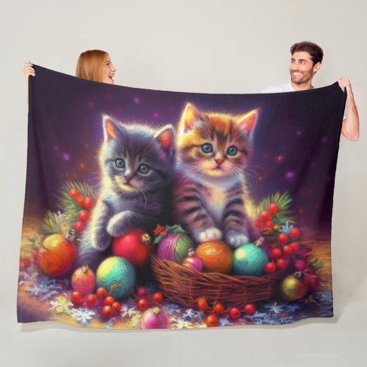 Pastel Tekening Kittens Kerst Paarse Fleece Deken (In situ)