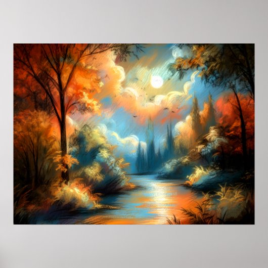 Pastel Tekening Kleurrijke Landschap Rivierbomen S Poster (Voorkant)