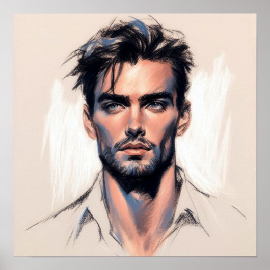Pastel tekening Knappe Man Blauwe Ogen Baard Poster (Voorkant)