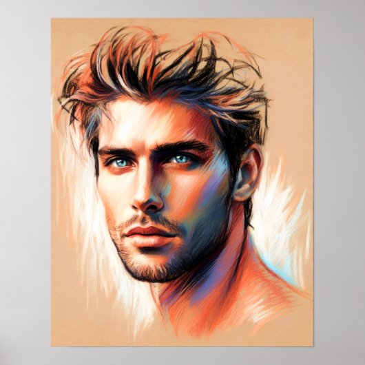 Pastel tekening Knappe Man Blauwe Ogen Poster (Voorkant)