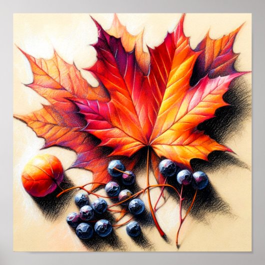Pastel Tekening Maple Leaf Berry Herfst Herfst Poster (Voorkant)