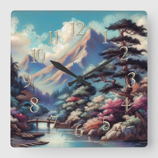 Pastel tekening oude Aziatische landschap berg Vierkante Klok (Voorkant)