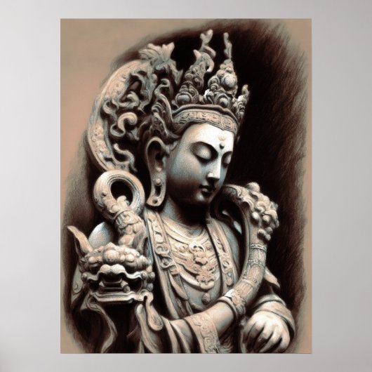 Pastel Tekening Oude Aziatische Steen Beeldhouwwer Poster (Voorkant)