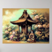 Pastel Tekening Oude Pagode Bloeiende Struik Poster (Voorkant)