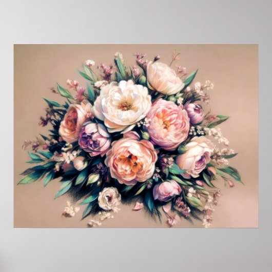 Pastel Tekening Pioen Boeket Roze Poster (Voorkant)