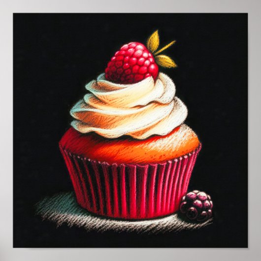 Pastel tekening Raspberry Cupcake Poster (Voorkant)