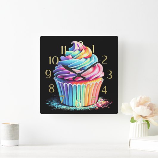 Pastel Tekening Regenboog Swirl Frosting Cupcake Vierkante Klok (Huis)