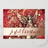 Pastel tekening rode kerst engel folie feestdagenkaart (Voorkant)