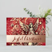 Pastel tekening rode kerst engel folie feestdagenkaart (Staand Voorkant)