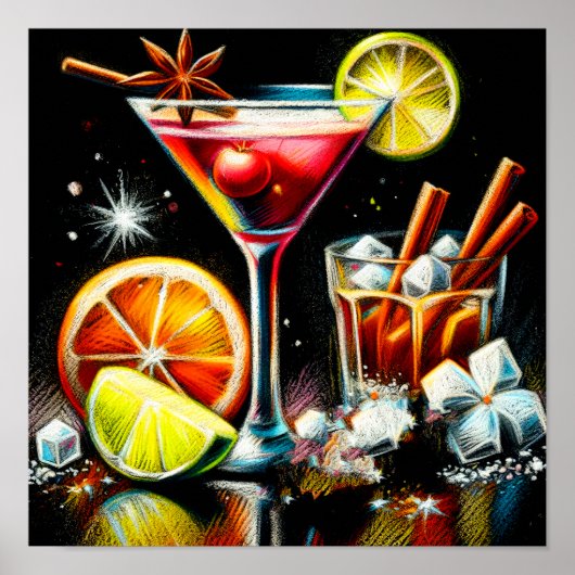 Pastel Tekening Roze Cocktail Citrus Slices Specer Poster (Voorkant)