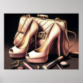 Pastel Tekening Roze Hakken Purse Cosmetica Poster (Voorkant)