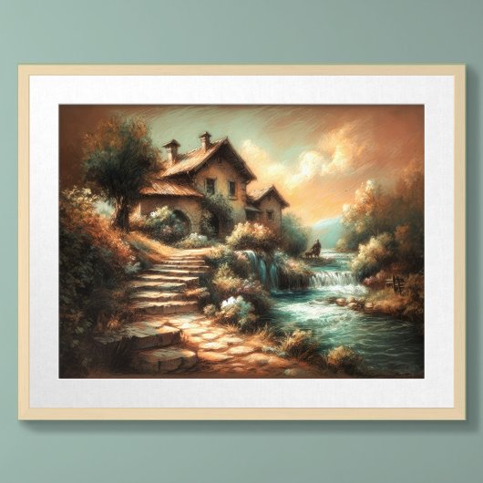 Pastel Tekening  Stijl Landschap Waterhuis Poster