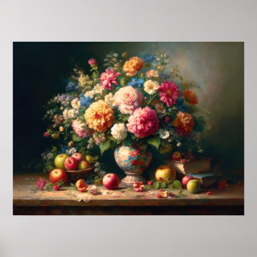 Pastel tekening Stilleven Vaas van bloemen op tafe Poster (Voorkant)