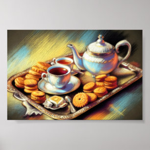 Pastel Tekening Theetijd Service Koekjes Poster