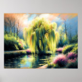 Pastel Tekening Tuinvijver Huilende Wilgenboom Poster (Voorkant)