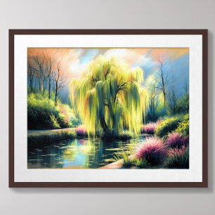 Pastel Tekening Tuinvijver Huilende Wilgenboom Poster