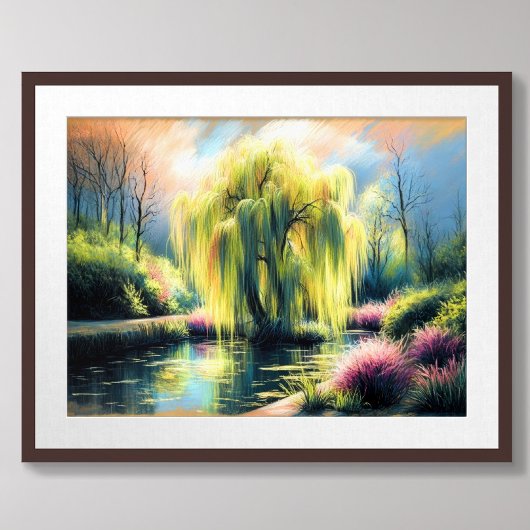 Pastel Tekening Tuinvijver Huilende Wilgenboom Poster