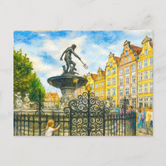 Pastel tekening van Danzig 'Neptunus Fontein op Lo Feestdagenkaart (Voorkant)