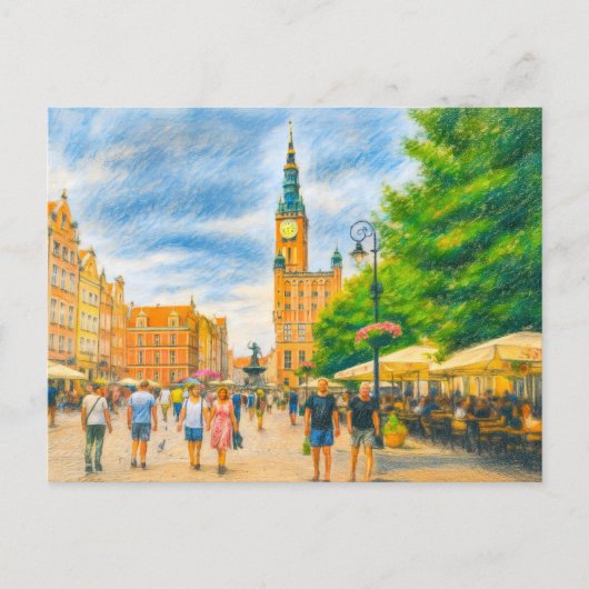 Pastel tekening van Danzig’s Lange Markt met kerk Feestdagenkaart (Voorkant)