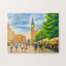 Pastel tekening van Danzig’s Lange Markt met kerk Legpuzzel