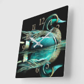 Pastel tekening van een groene eend op het water vierkante klok (Hoek)