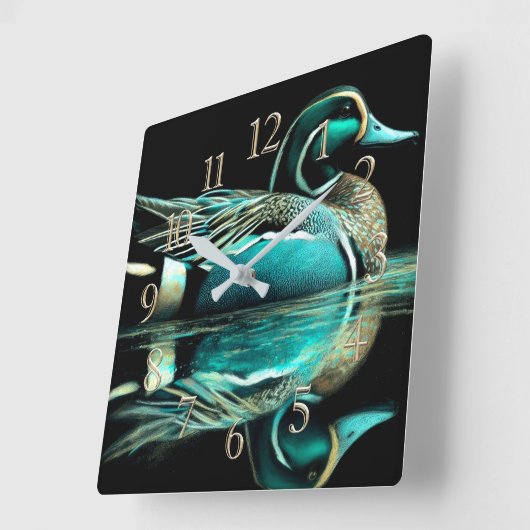 Pastel tekening van een groene eend op het water vierkante klok (Hoek)