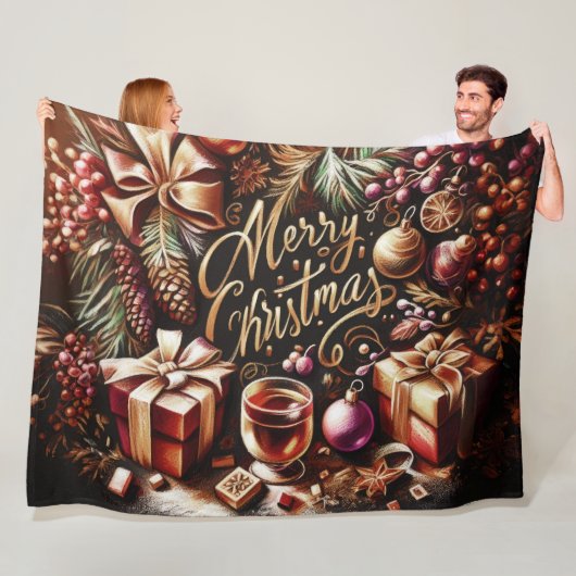 Pastel Tekening van een Kerst Whimsical Fleece Deken (In situ)