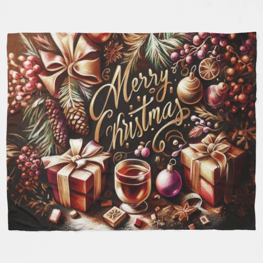 Pastel Tekening van een Kerst Whimsical Fleece Deken (Voorkant (Horizontaal))