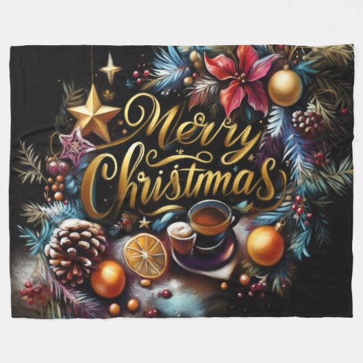 Pastel Tekening van een Kerst Whimsical Fleece Deken (Voorkant (Horizontaal))