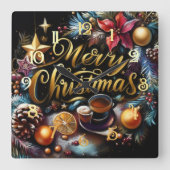 Pastel Tekening van een Kerst Whimsical Vierkante Klok (Voorkant)