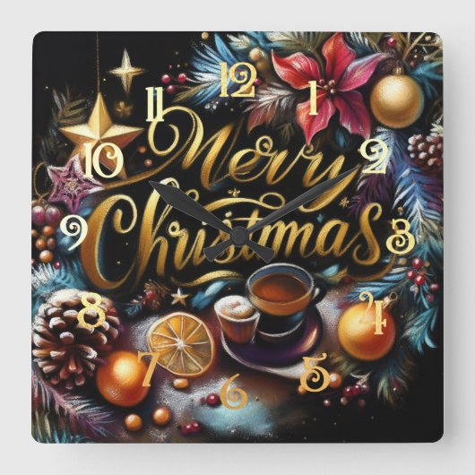 Pastel Tekening van een Kerst Whimsical Vierkante Klok (Voorkant)